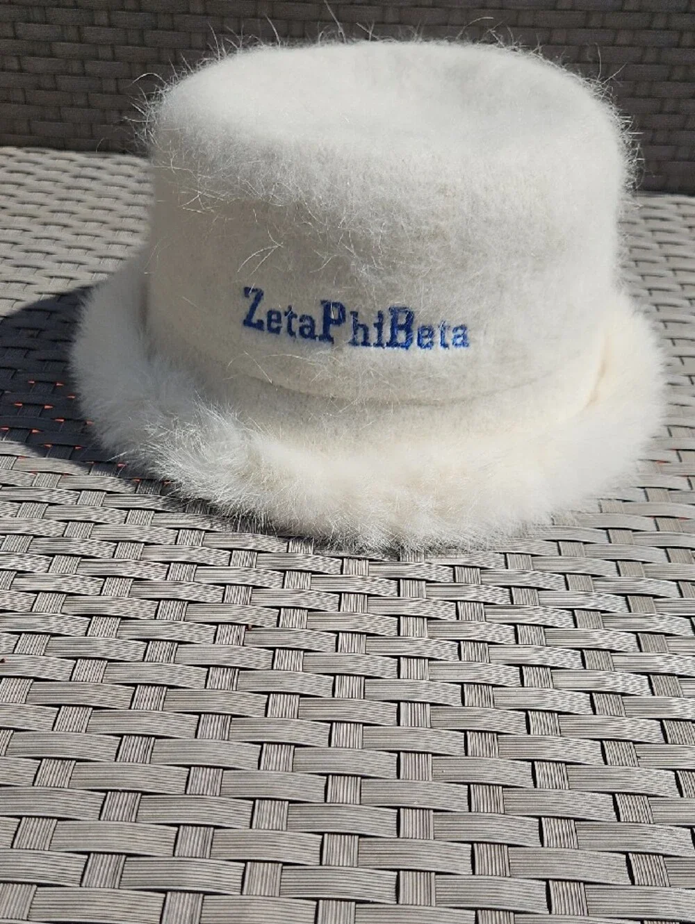 New Ivory White Cream Angora Wool Fur Bucket Hat with ZetaPhiBeta Embroidery